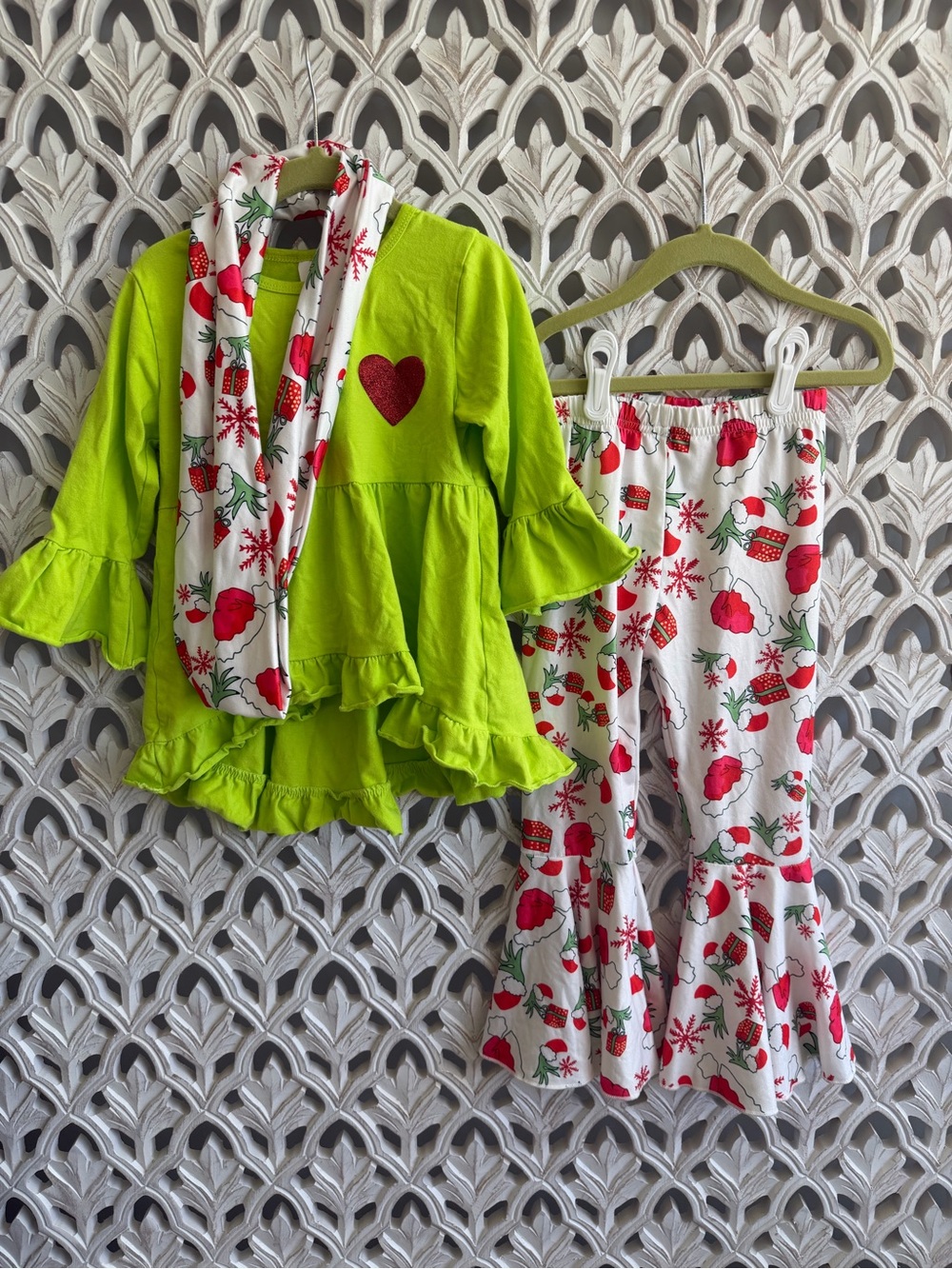 Girls Grinch Inspired Christmas Outfit Set 4-5Y Tunic Leggings Scarf